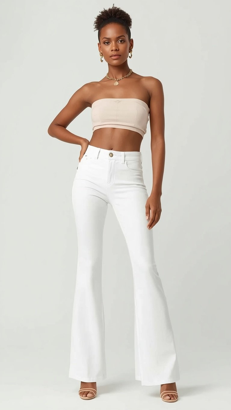 Woman wearing white high-waist flare jeans and beige bandeau crop top with gold jewelry and nude heels