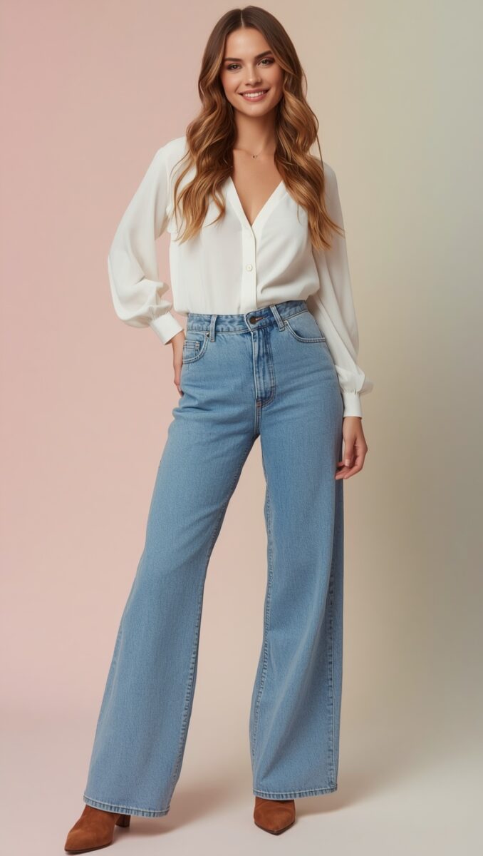 Woman wearing white long-sleeve blouse tucked into light blue wide-leg high-waist jeans with brown ankle boots