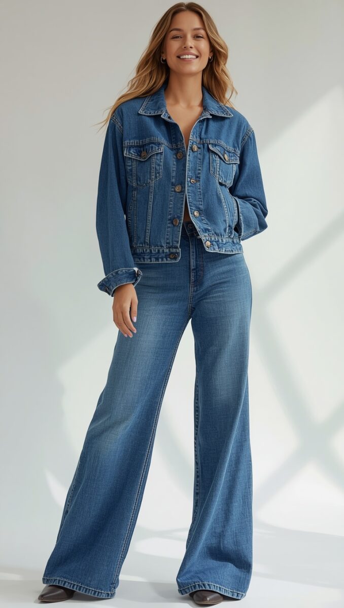 Woman wearing a medium-wash denim jacket and wide-leg flare jeans in a Canadian tuxedo style outfit