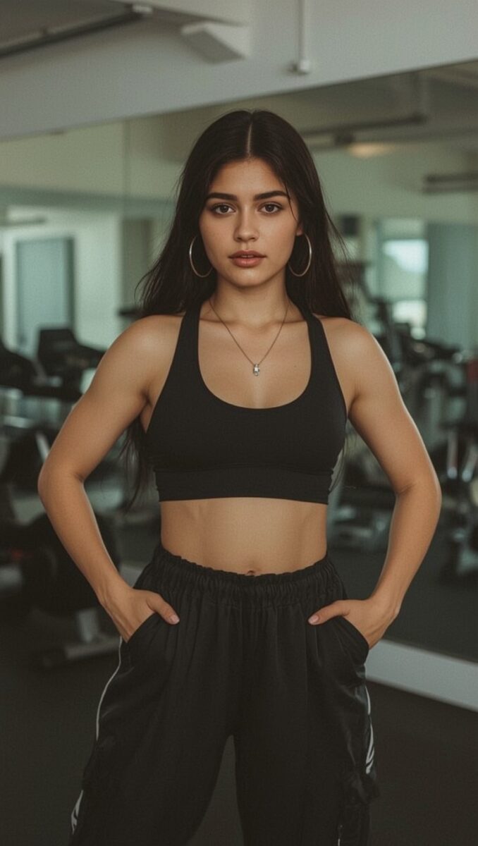 Young woman in black sports bra and track pants standing confidently in a gym with hands in pockets