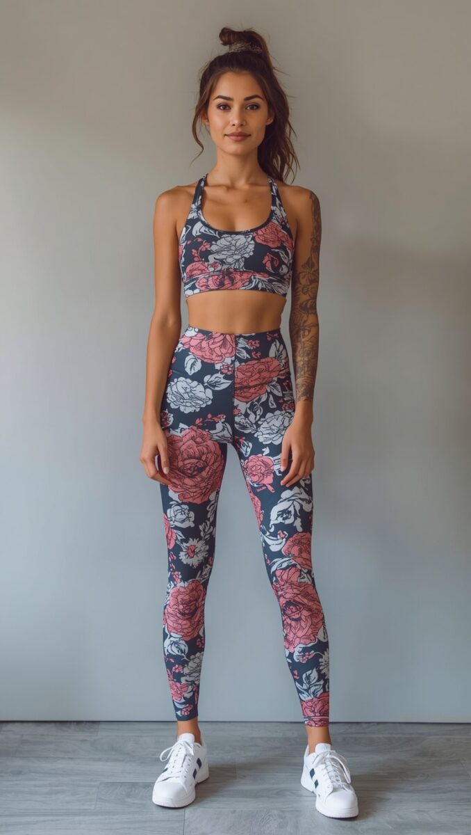 Woman wearing matching floral print sports bra and high-waist leggings set with white sneakers