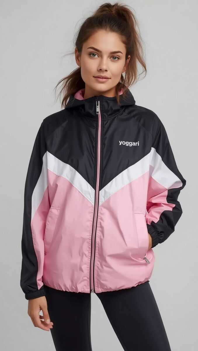 Woman wearing Yoggari black and pink color-block windbreaker jacket with white chevron stripe detail
