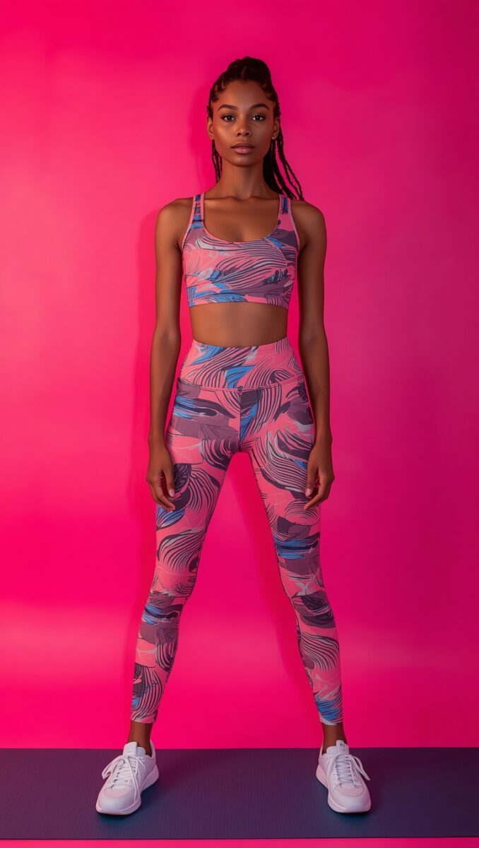 Woman wearing pink and blue patterned matching sports bra and leggings set with white sneakers against hot pink background