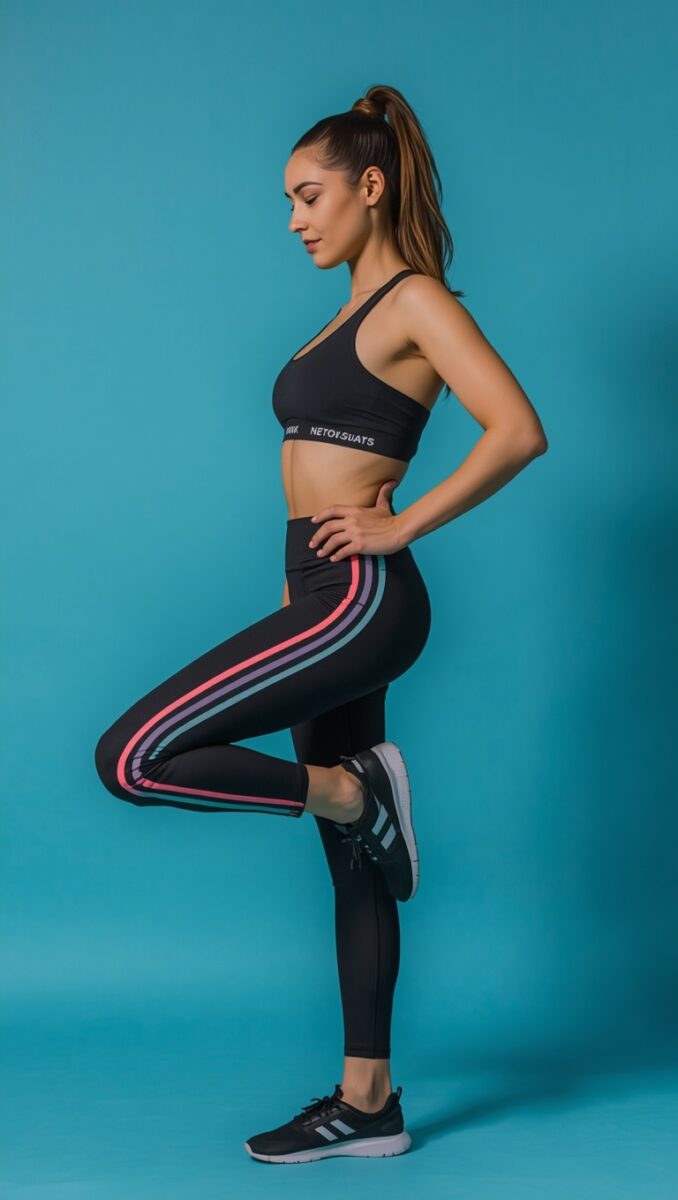 Woman in black sports bra and striped leggings balancing on one leg in athletic pose against teal background