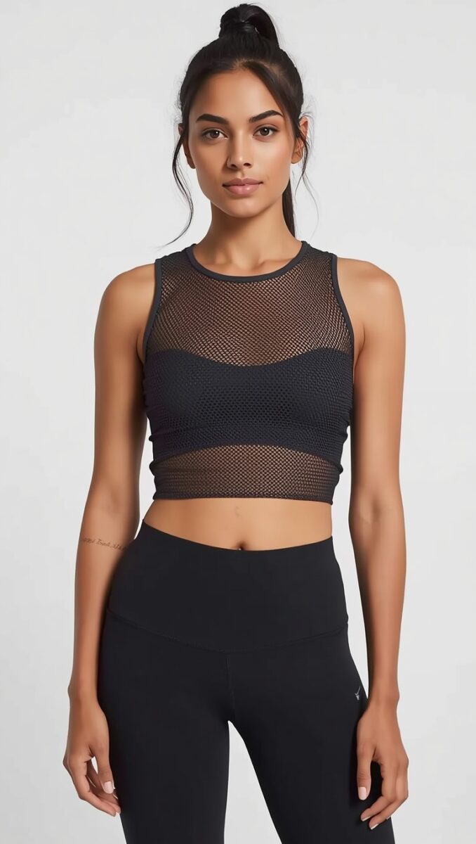 Woman wearing black mesh crop top and high-waist black leggings athletic workout outfit