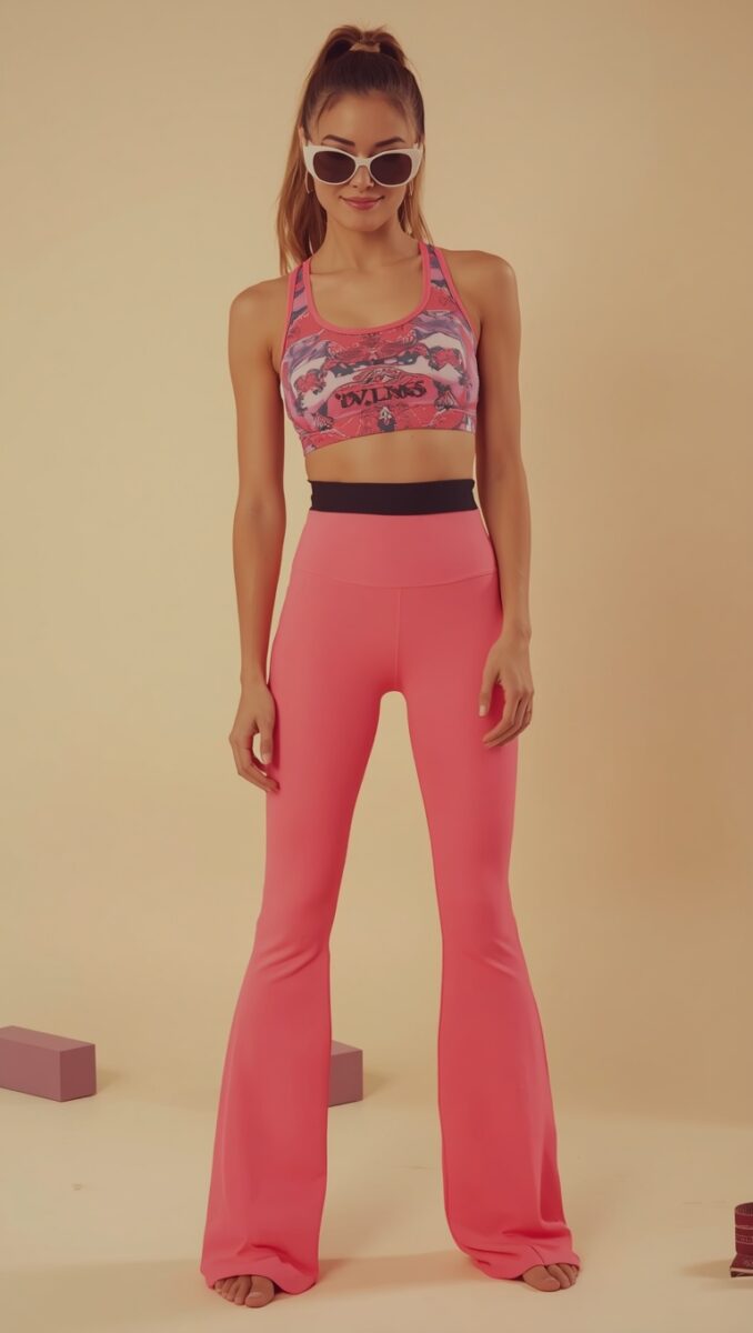 Woman wearing pink flared yoga pants and printed sports bra crop top with white cat-eye sunglasses