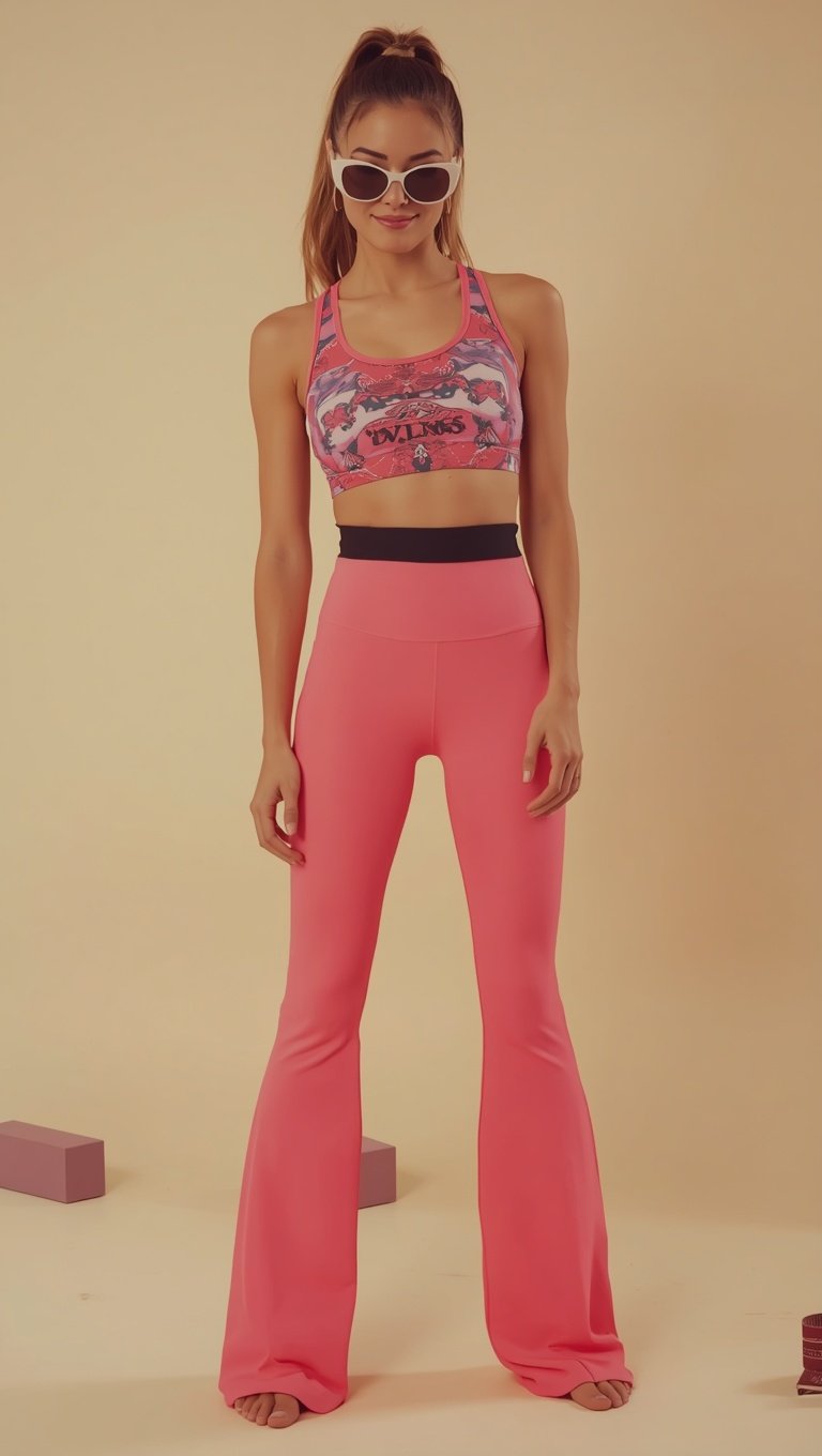 Woman wearing pink flared yoga pants and printed sports bra crop top with white cat-eye sunglasses