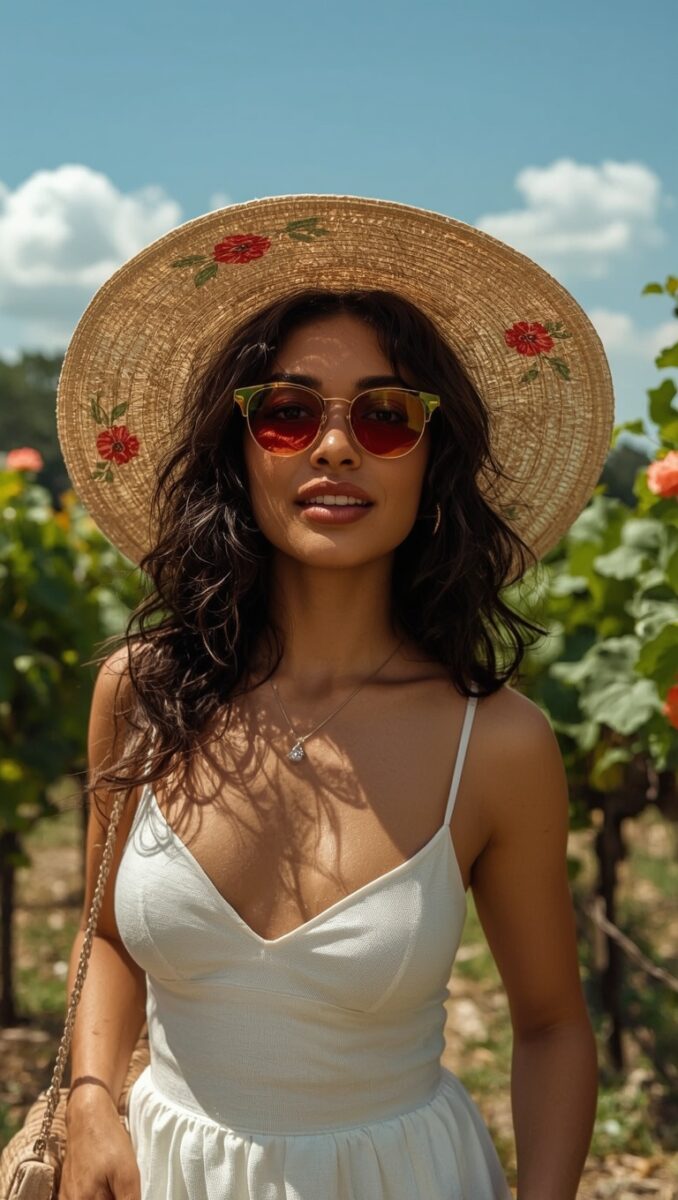 Woman in white sundress and floral straw hat with red sunglasses standing in a sunny vineyard