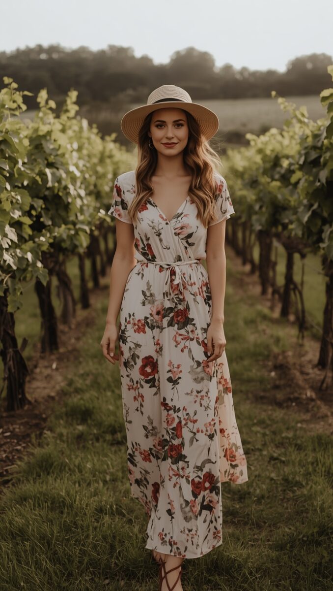 Woman in floral maxi dress and straw hat standing between rows of grapevines at a vineyard