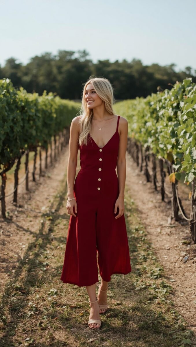Woman in dark red jumpsuit with gold buttons standing between rows of grapevines in a sunny vineyard