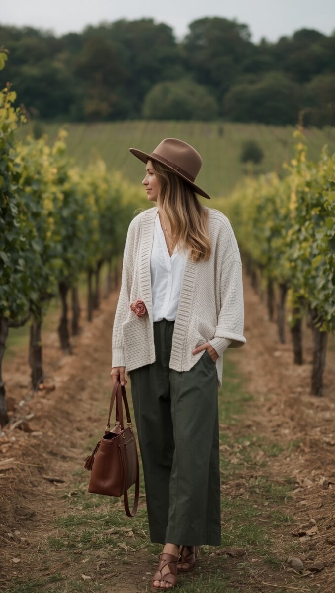 Woman in cream knit cardigan, wide-leg olive pants, brown fedora hat, and leather tote bag standing in a vineyard