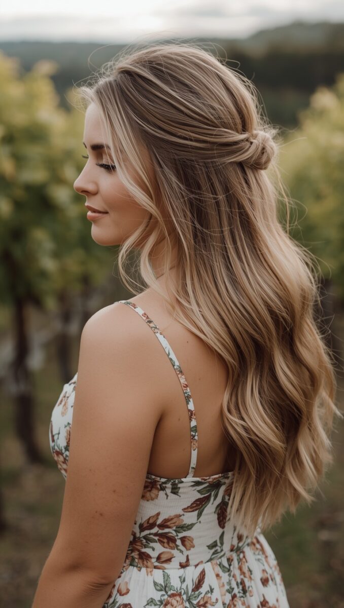Woman with long blonde wavy hair in half-up style wearing floral sundress standing in vineyard