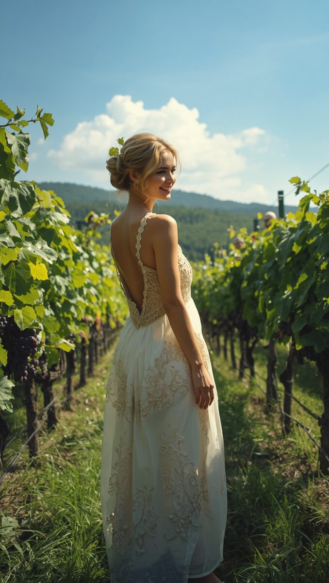 Smiling woman in elegant white lace embroidered dress standing among vineyard rows with grapevines and hills