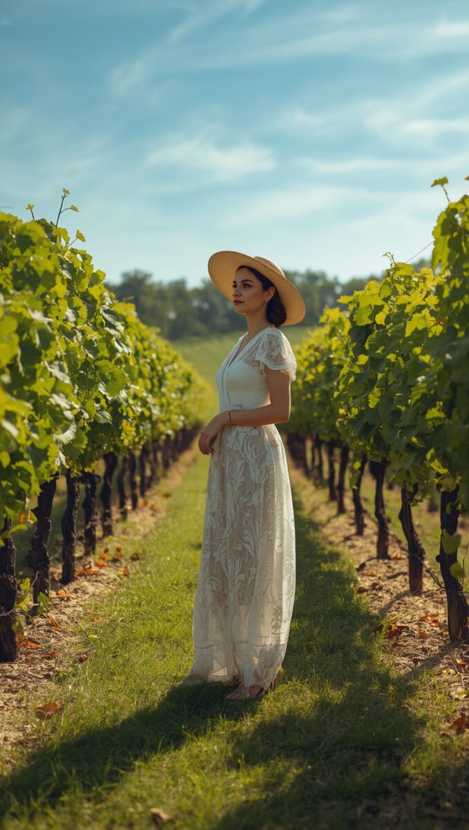 Young woman in white lace maxi dress and straw hat standing between rows of grapevines in a sunny vineyard
