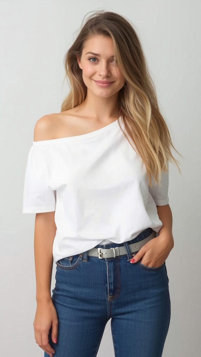 Woman wearing white off-shoulder top with blue high-waist jeans and gray belt on white background