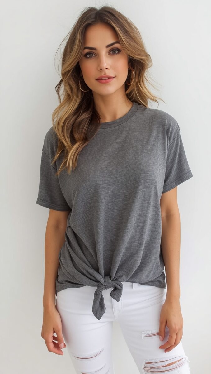 Woman wearing a grey knotted t-shirt with white ripped jeans and gold hoop earrings against a white background