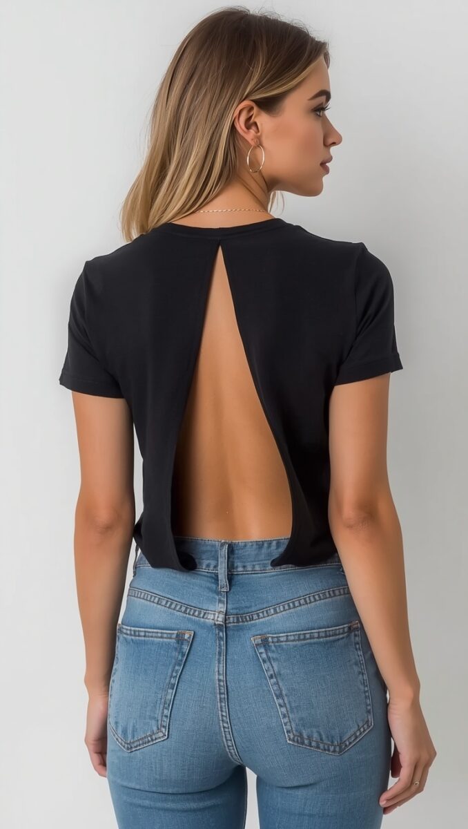 Woman wearing black open-back short sleeve crop top paired with light wash high-waist jeans, rear view