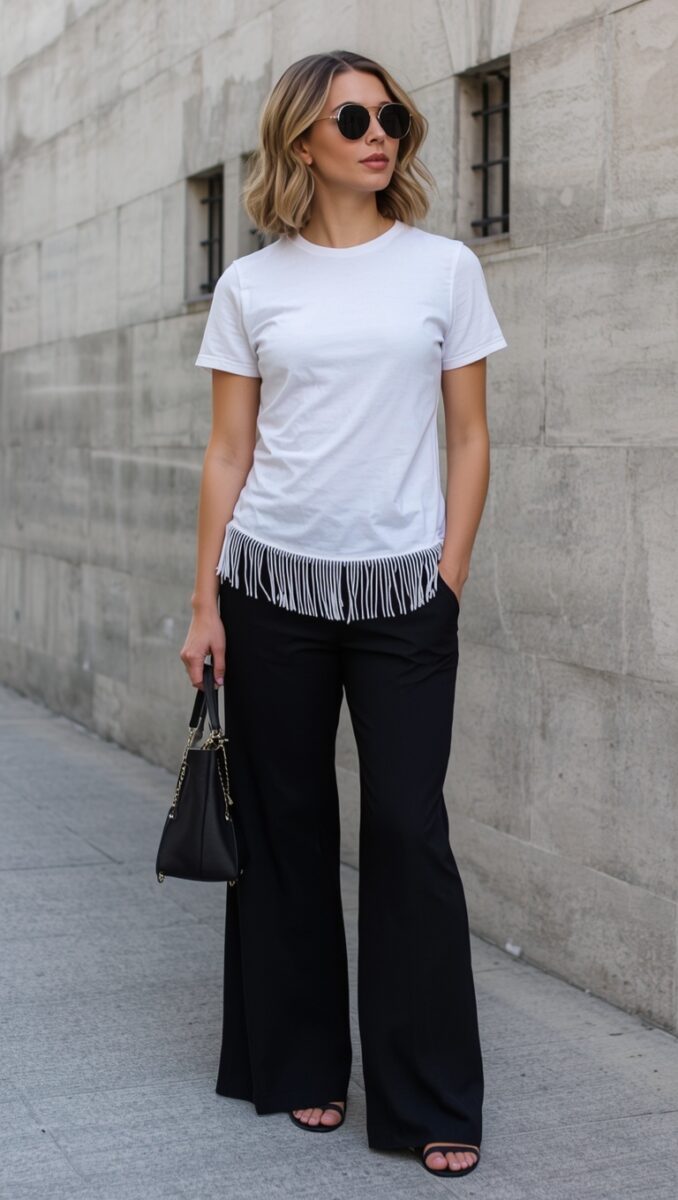 Woman wearing white fringe hem t-shirt, black wide-leg flare pants, black strappy heels, and sunglasses holding a black handbag