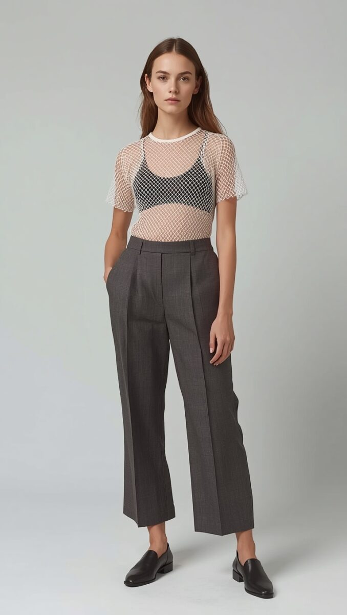 Woman wearing white fishnet mesh top over black bralette with gray tailored trousers and black loafers