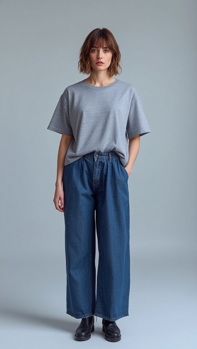 Woman wearing oversized gray t-shirt with wide-leg dark blue jeans and black ankle boots