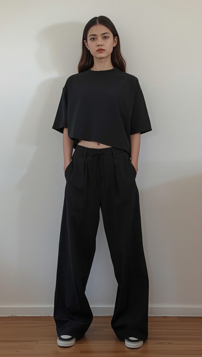 Young woman wearing all-black oversized crop tee, wide-leg drawstring trousers, and black Vans sneakers