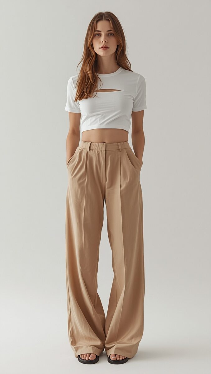 Woman wearing white crop top with cutout detail and beige wide-leg trousers with black sandals