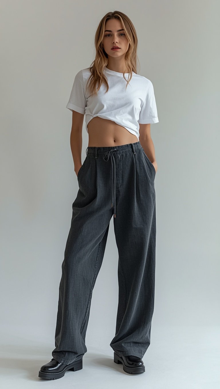 Woman wearing white cropped t-shirt, charcoal wide-leg drawstring pants, and black chunky loafers on white background