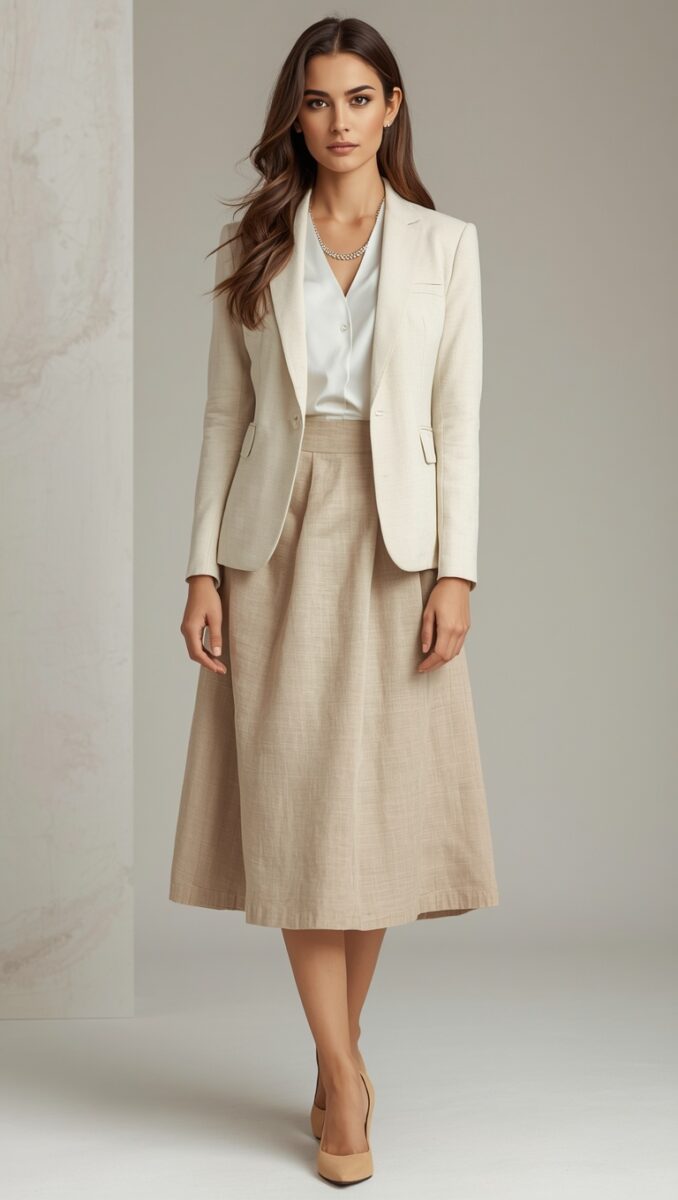 Woman in cream blazer, white blouse, beige midi skirt and nude heels in professional business attire