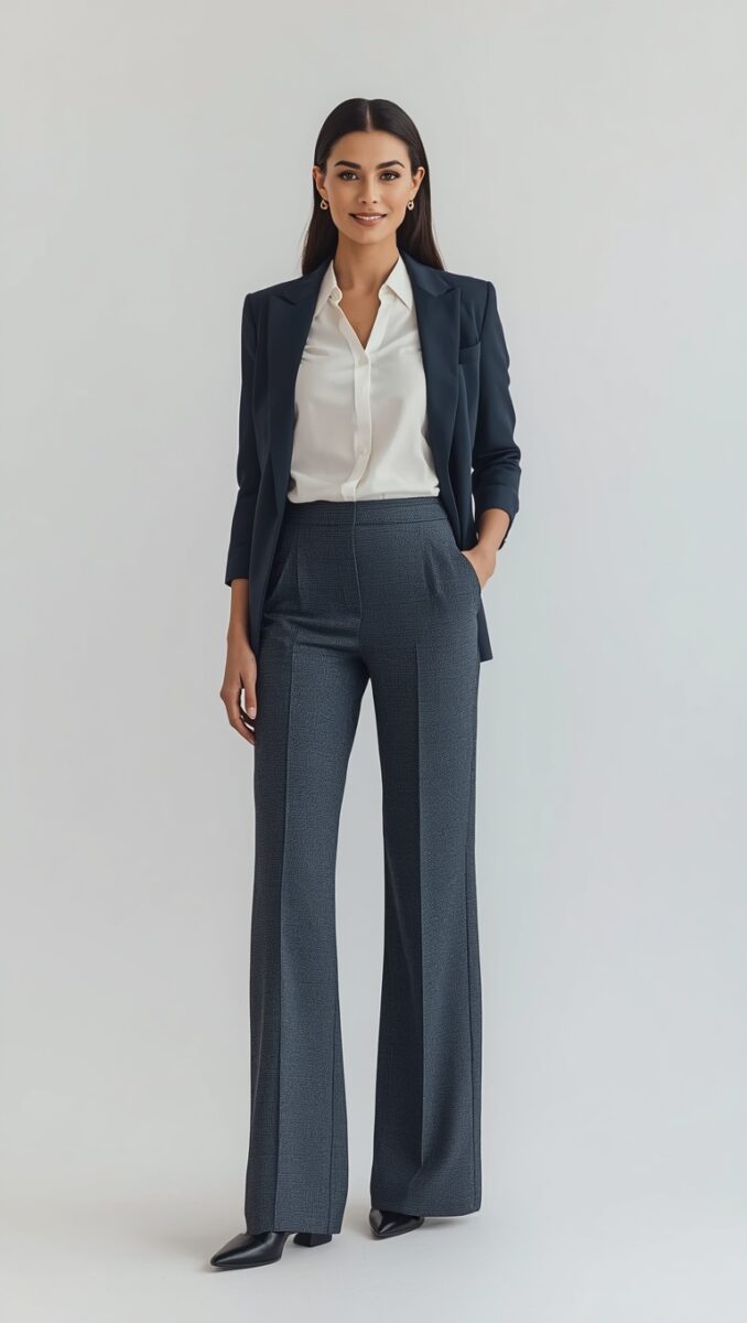 Woman wearing navy blazer, white silk blouse, dark patterned wide-leg trousers, and black heeled boots
