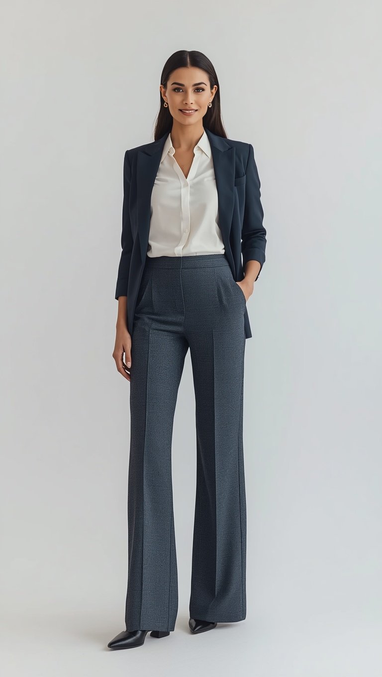 Woman wearing navy blazer, white silk blouse, dark patterned wide-leg trousers, and black heeled boots