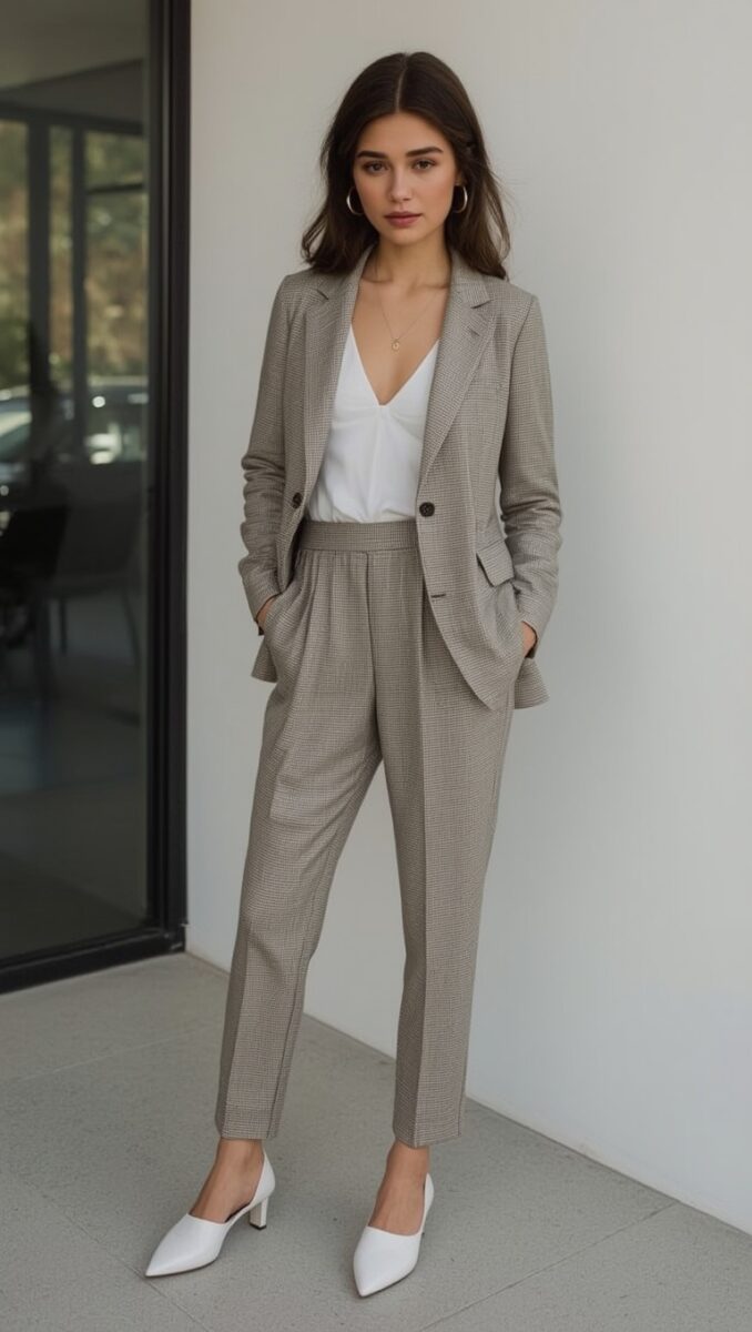 Woman wearing a grey houndstooth blazer and matching trousers with white top and white heels