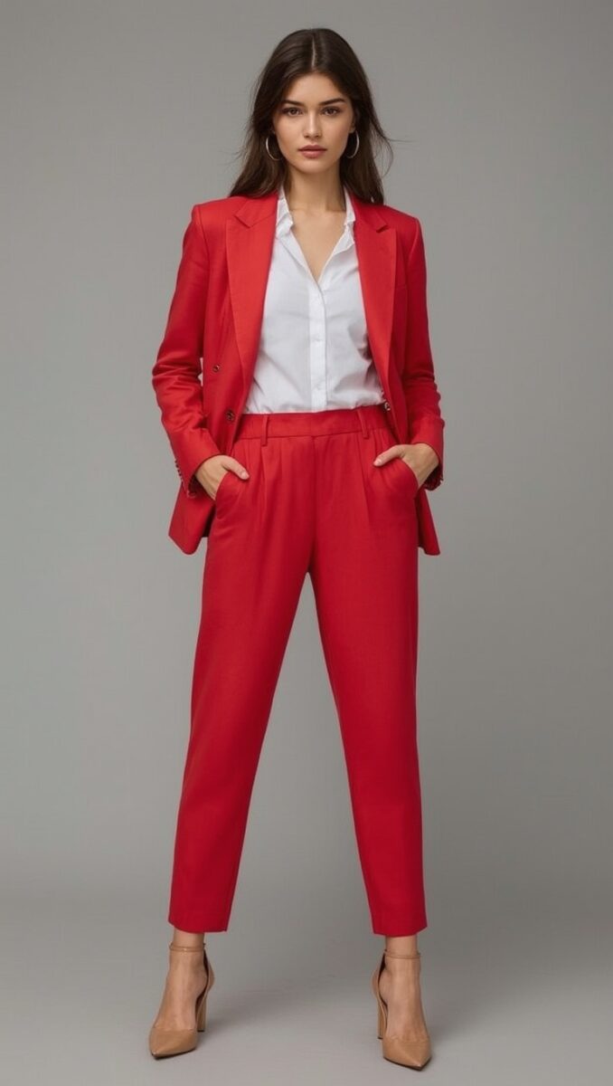 Woman wearing a bold red power suit with white button-up shirt and nude heels against a gray background