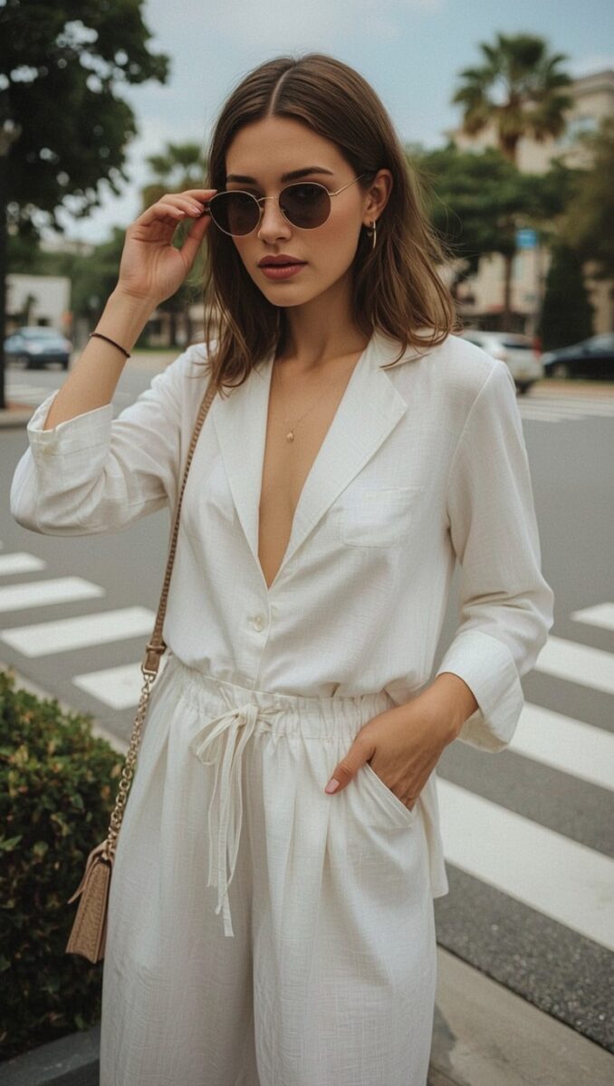 Young woman in white linen co-ord set with blazer top and wide-leg pants, wearing round sunglasses outdoors