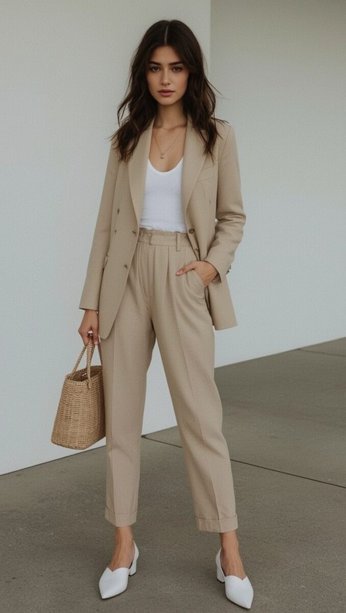 Woman wearing a beige double-breasted blazer suit with white tank top, cuffed trousers, white mules, and wicker tote bag