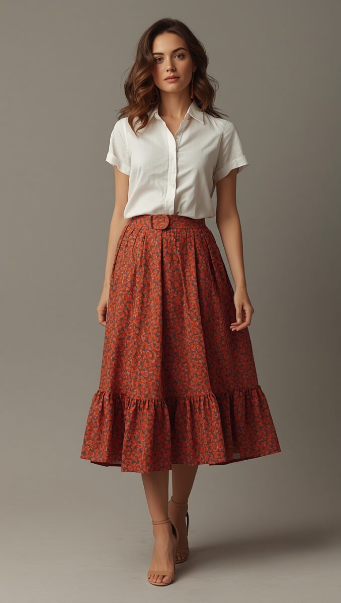 Woman wearing white short-sleeve button-up shirt tucked into red floral midi skirt with ruffle hem and nude heels