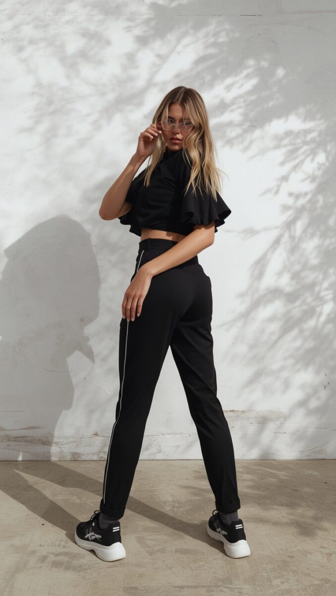Woman wearing black ruffle crop top, high-waist track pants with white stripe, and black Reebok sneakers
