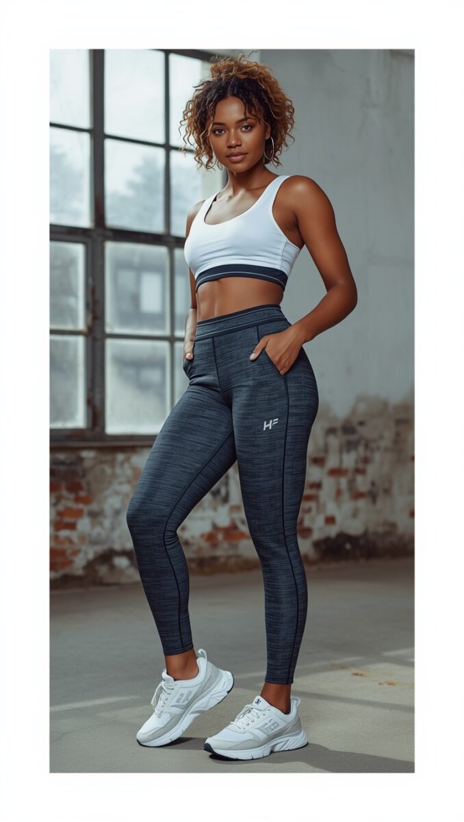 Woman in white sports bra and dark gray HF leggings with white sneakers posing in industrial gym space