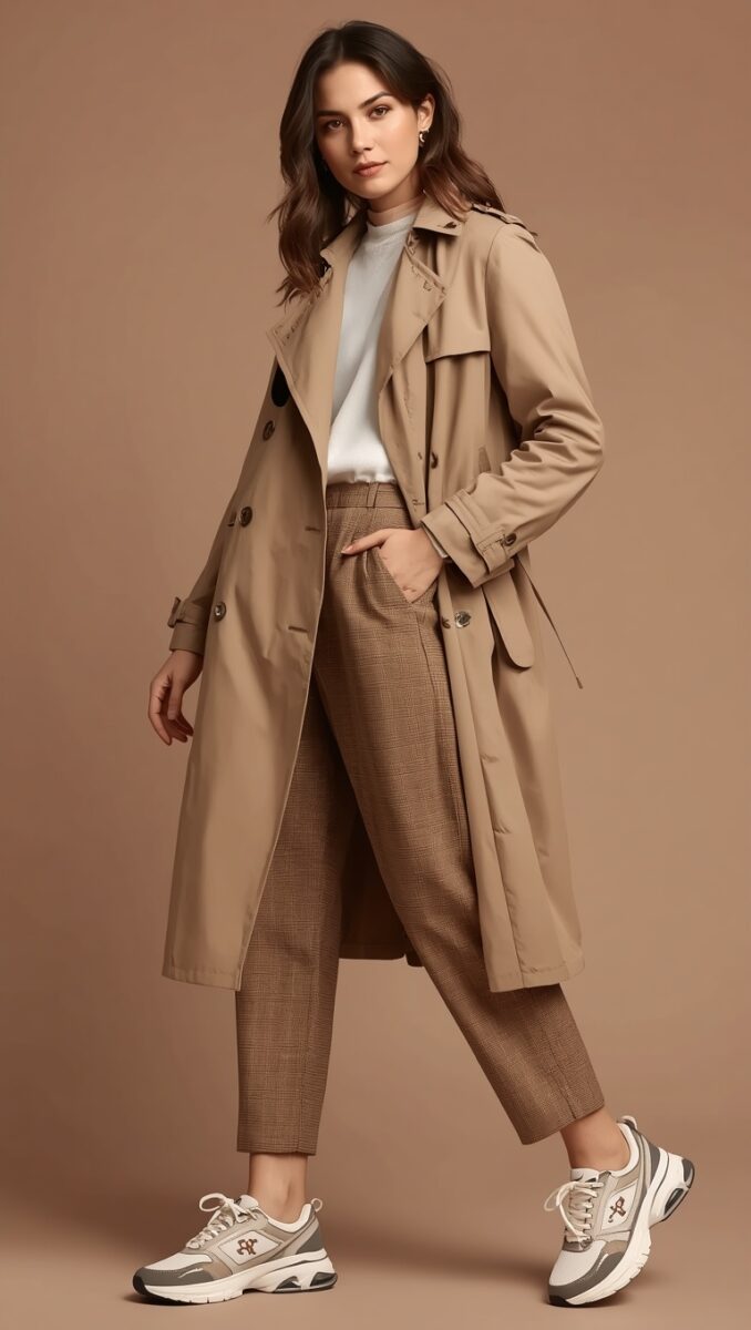 Woman wearing a beige trench coat, brown plaid trousers, white top, and chunky sneakers on a tan background