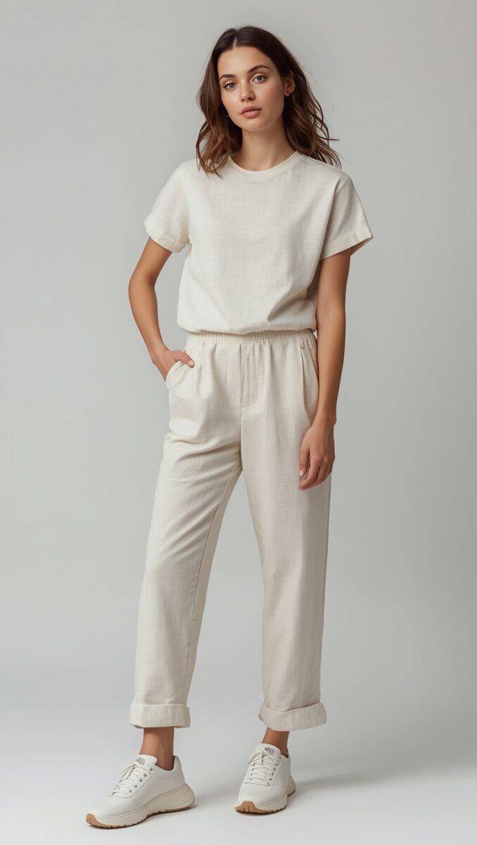 Woman wearing cream linen t-shirt, matching tapered trousers with cuffed hems, and white sneakers on grey background