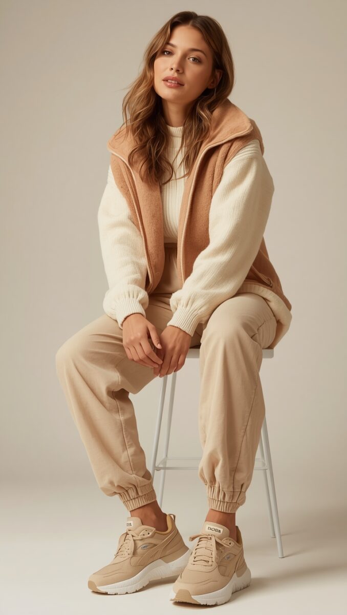 Woman sitting on white stool wearing beige joggers, cream knit sweater, tan fleece vest, and beige sneakers
