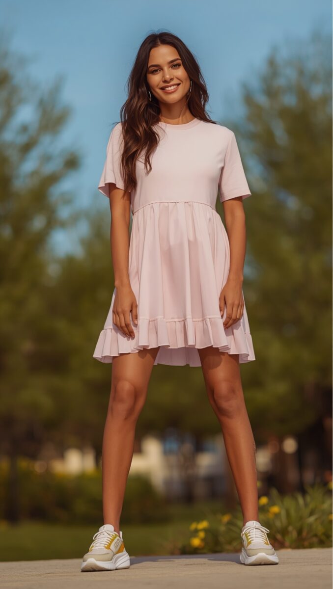 Young woman in light pink babydoll mini dress with ruffle hem and white sneakers standing outdoors