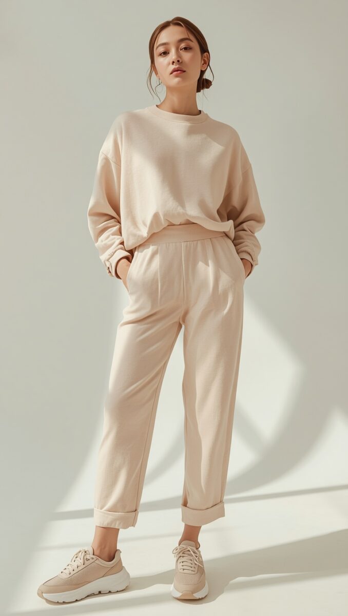 Woman wearing a matching beige cream sweatshirt and tapered jogger pants set with chunky sneakers