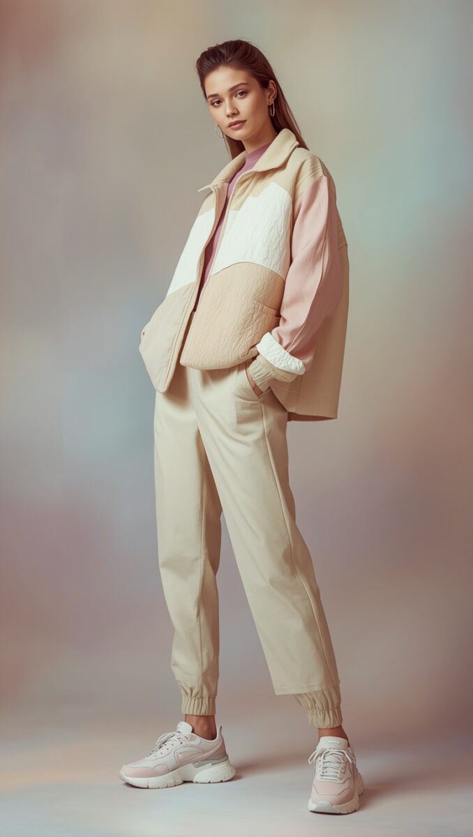 Woman wearing pastel color-block oversized jacket with beige jogger pants and white pink sneakers