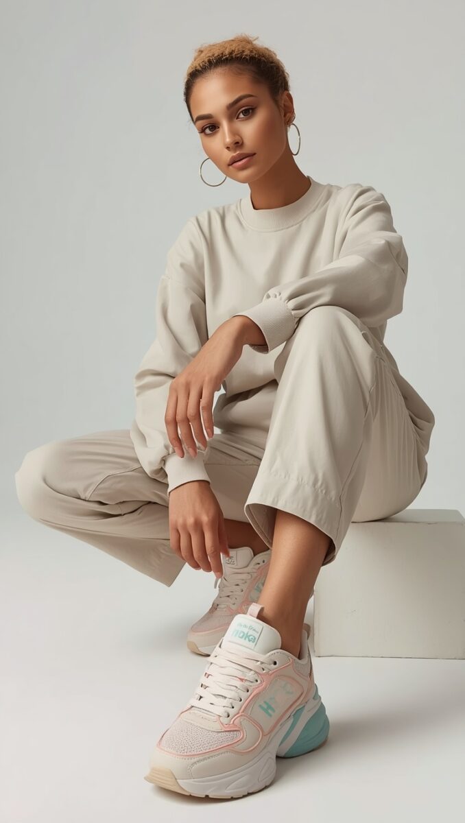 Woman in beige oversized sweatshirt and matching pants sitting on white cube wearing Hoka sneakers