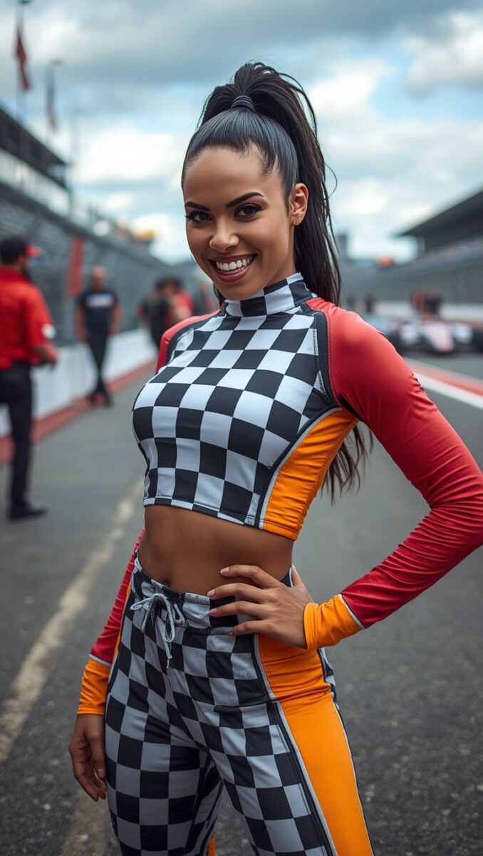 Woman in black-and-white checkered racing outfit with red and orange accents posing at a motorsport race track