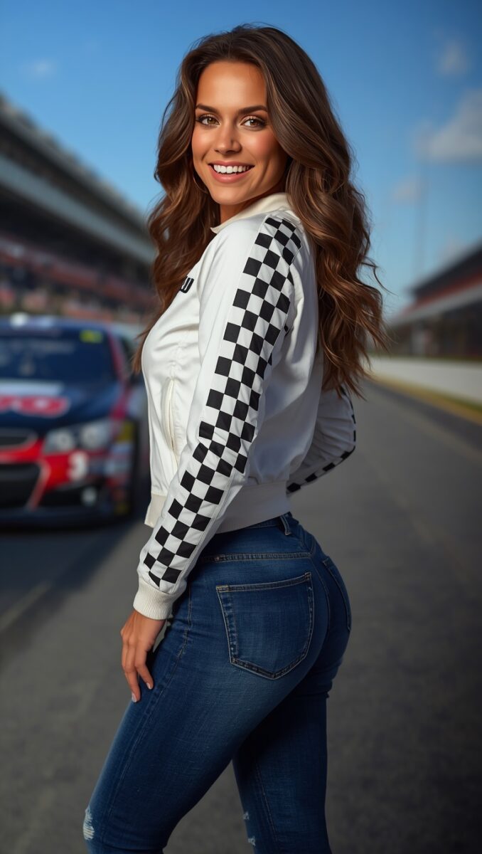 Smiling woman in white and black checkered racing jacket and blue jeans standing on a motorsport race track