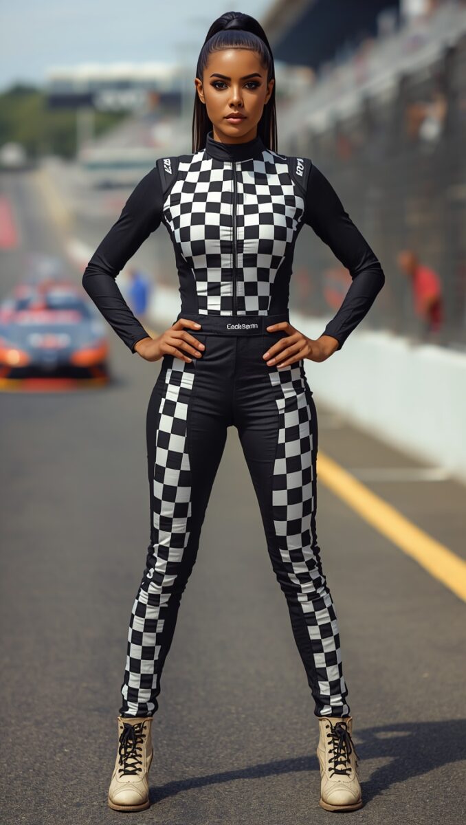 Woman in black and white checkered racing suit standing confidently on a motorsport race track pit lane