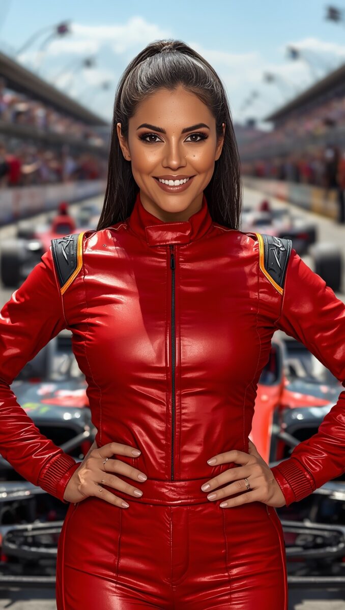 Woman in red racing suit standing confidently at a motorsport circuit with racing cars in the background