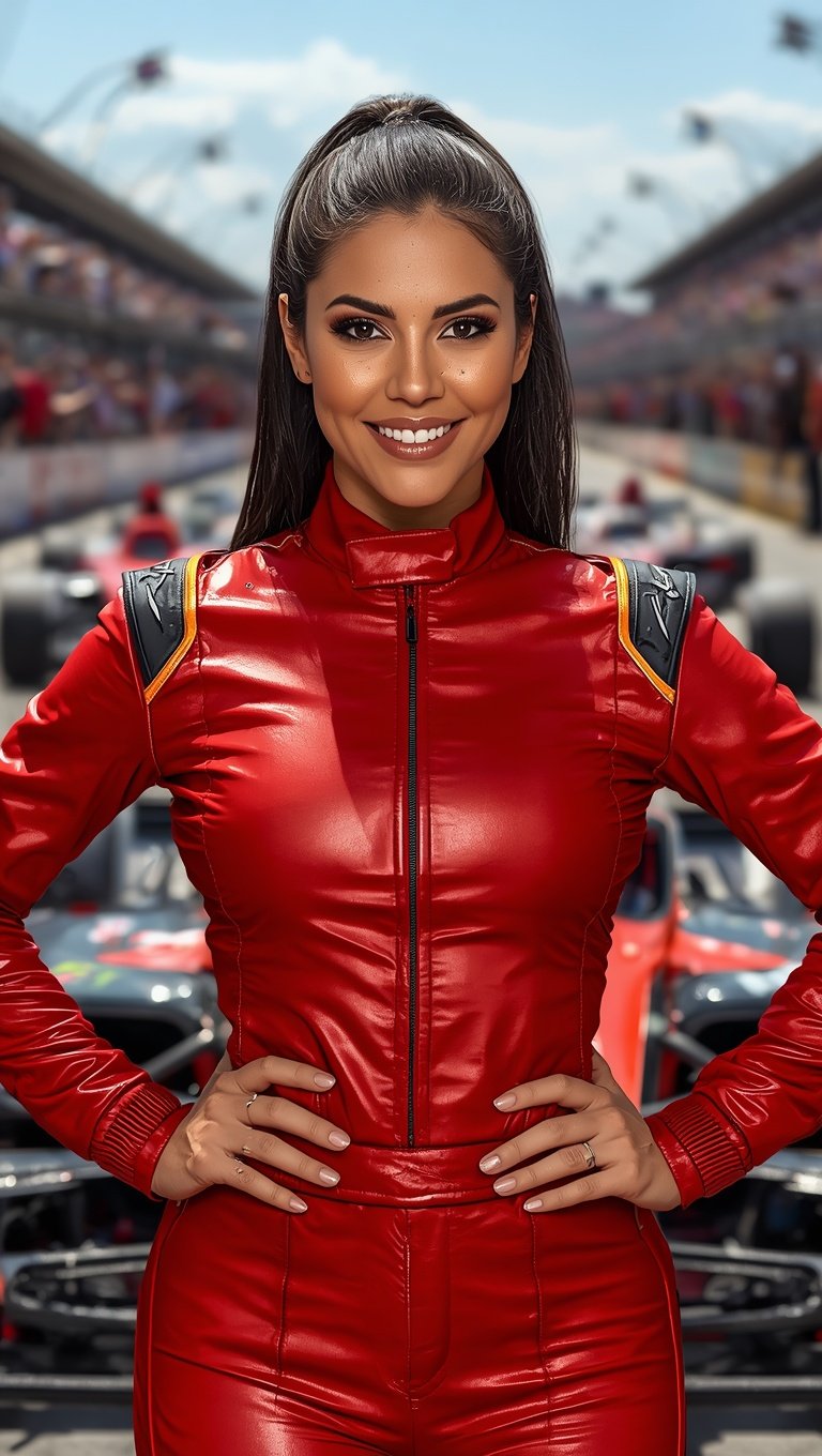 Woman in red racing suit standing confidently at a motorsport circuit with racing cars in the background
