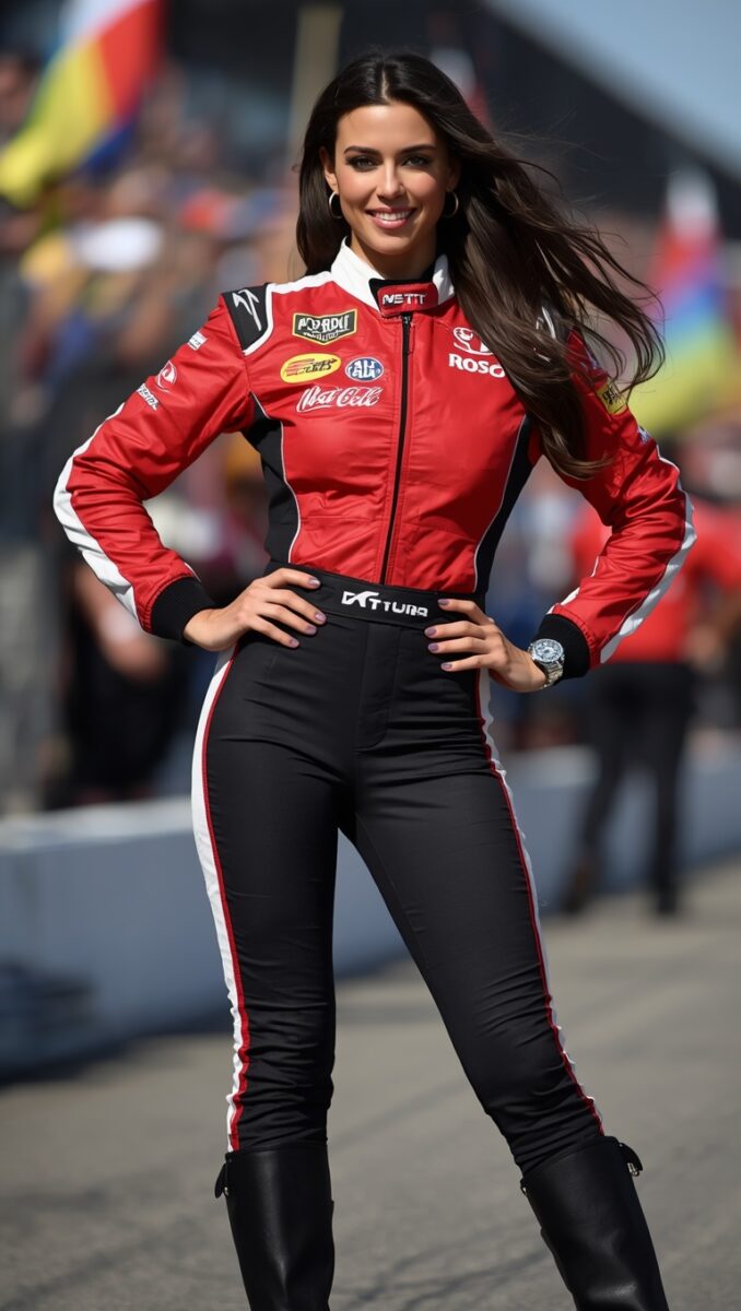 Woman in red and black motorsport racing suit with sponsor logos posing at a racing event